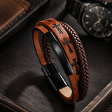 Multi‑Layer Braided Cross Printed Men Leather Bracelet, Vintage PU Leather Magnetic Clasp Religious Wrist Jewelry