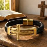 Wheat‑Textured Cross Titanium Steel Braided Leather Men’s Bracelet - craftsmanship detail