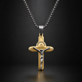 Crucifix Cross Necklace with Crystals, 316L Stainless Steel Religious Pendant for Men
