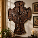Hand-Carved Beechwood Archangel Michael Wall Cross – Quis Ut Deus Christian Home Decor