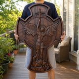 Hand-Carved Beechwood Archangel Michael Wall Cross – Quis Ut Deus Christian Home Decor