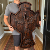 Hand-Carved Beechwood Archangel Michael Wall Cross – Quis Ut Deus Christian Home Decor
