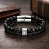 Dual Layer Braided Leather Cross Stainless Steel Men's Bracelet