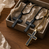 Two-Tone Bevel Edge Carbon Fiber Textured Inlaid Tiny Cross Stainless Steel Necklace