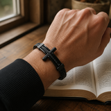 Wheat‑Textured Cross Titanium Steel Braided Leather Men’s Bracelet