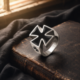 3D Raised Black Enamel Maltese Cross Stainless Steel Mens Ring