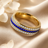 Three Row Blue & White Cubic Zirconia Eternity Ring, 6mm Titanium Steel Full Paved Stackable Band, Elegant Wedding Promise Ring for Women