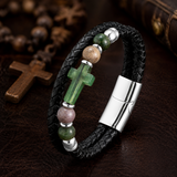 English Product Description for 21cm Stone Cross Leather Bracelet