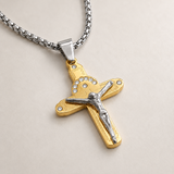 Crucifix Cross Necklace with Crystals, 316L Stainless Steel Religious Pendant for Men