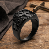 Triple Sides Embossed Cross Hammered Texture Stainless Steel Men’s Signet Ring