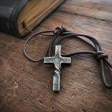 Hand Forged Steel Cross Pendant with Leather Cord – Rustic Christian Necklace for Men