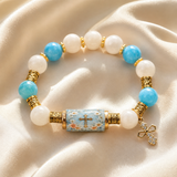 Chalcedony Cross Beaded Bracelet, Vintage Religious Printed Tube Bead Faith Jewelry for Women