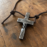 Hand Forged Steel Cross Pendant with Leather Cord – Rustic Christian Necklace for Men