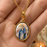 3D Enamel Our Lady of Grace Oval Necklace, Double Sided Tree of Life Stainless Steel Pendant