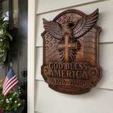 God Bless America Wooden Wall Plaque – Hand-Carved Beechwood Eagle Cross Decor, 1776–2026 250th Anniversary