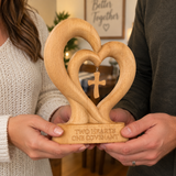 Handcrafted Beechwood Two Hearts One Covenant Cross Sculpture – Christian Wedding & Anniversary Gift