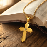 Faceted Eight Point North Star CZ Inlay Stainless Steel Cross Necklace