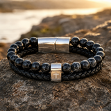 Dual Layer Braided Leather Cross Stainless Steel Men's Bracelet