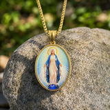 3D Raised Enamel Miraculous Virgin Mary Oval Gold Stainless Steel Necklace