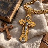 Gold-Plated Copper Crucifix Pendant with Jesus Christ and Religious Figures
