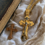 Gold-Plated Copper Crucifix Pendant with Jesus Christ and Religious Figures
