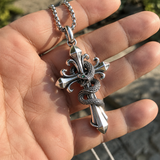 S925 Silver Serpent Cross Pendant Necklace with Green Gemstone