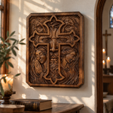 Lion of Judah Holy Cross – Hand-Carved Wooden Christian Wall Plaque
