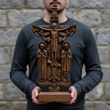 Orthodox Altar Table Ornament: Saints and the Crown of Thorns — Hand-Carved Wooden Cross