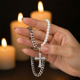 Cuban Chain Panel Pearl Cross Necklace