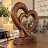 Handcrafted Beechwood Two Hearts One Covenant Cross Sculpture – Christian Wedding & Anniversary Gift