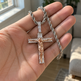 Artisan-Carved Copper Jesus Cross Pendant - Moissanite-Encrusted Hip Hop Religious Necklace