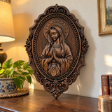 Hand-Carved Virgin Mary Prayer Wall Plaque – Ornate Beechwood Catholic Religious Decor,
