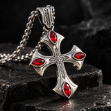 Vintage Red Zircon Cross Pendant Necklace, Religious Faith Men’s Necklace