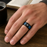 Black Polished Blue Opal Inlay Laser Engraved Cross Stainless Steel Ring