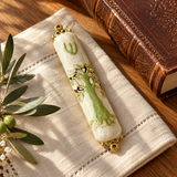 Tree of Life Mezuzah with Shema Scroll – Enamel & Gold-Tone Doorpost Blessing