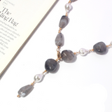 Vintage Two‑Tone Cloud‑Pattern Agate Baroque Pearl Y‑Drop Statement Necklace