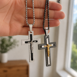 Vintage Greek Key Border Two Tone 3D Crucifix Stainless Steel Necklace