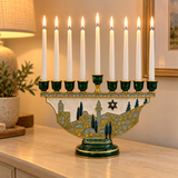 Jerusalem Skyline Hanukkah Menorah – Cloisonné Enamel Judaica Candle Holder