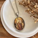3D Raised Enamel Our Lady of Mount Carmel Oval Stainless Steel Necklace