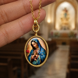 Our Lady of Guadalupe Gold-Tone Oval Pendant Necklace – Double-Sided Virgin Mary Christian Jewelry
