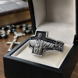 S925K Silver Jesus Guardian Cross Sacred Heart of Jesus Ring