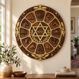 Hand-Carved Beechwood Israel Heritage Wall Plaque – Star of David & Tribal Symbols