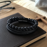 Triple Strand Natural Tiger Eye & Lava Rock Braided Leather Men’s Bracelet