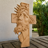 Jesus Crown of Thorns Beechwood Cross - design detail