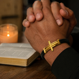 Wheat‑Textured Cross Titanium Steel Braided Leather Men’s Bracelet - size and finish detail