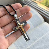 Vintage Greek Key Border Two Tone 3D Crucifix Stainless Steel Necklace