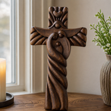 Holy Family wood icon decoration, Joseph, Mary, Baby Jesus, carved wooden cross, wall decoration