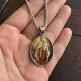 3D Raised Enamel Our Lady of Mount Carmel Oval Stainless Steel Necklace