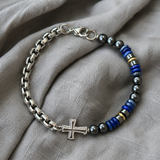 Cross Bracelet with Lapis Lazuli & Hematite — For Faith, Wisdom, and Steady Strength - side view