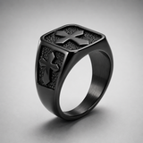Triple Sides Embossed Cross Hammered Texture Stainless Steel Men’s Signet Ring